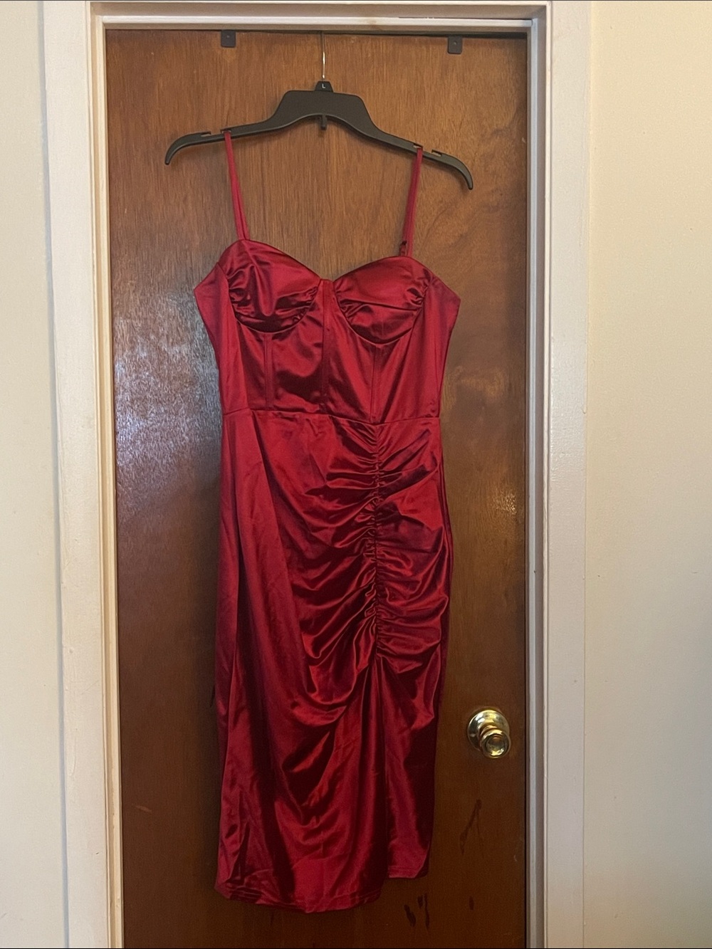 Windsor Red Satin Ruched Spaghetti-Strap Midi Dress